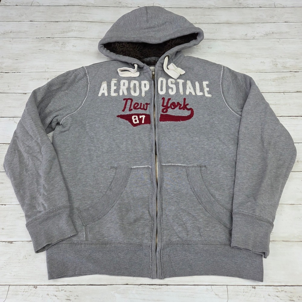 Y2K Aeropostale Hoodie Men Medium Gray New York Full Zip Sherpa Lined Applique‎